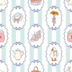 Cotton fabric Seamless pattern featuring pastel cottagecore illustrations of tea party animals flowers butterflies and vintage objects in a whimsical and cozy retro styl