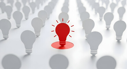 Dynamic red light bulb idea stands out from the crowd of white light bulbs, symbolizing innovation and creative thinking, perfect for business and marketing visuals