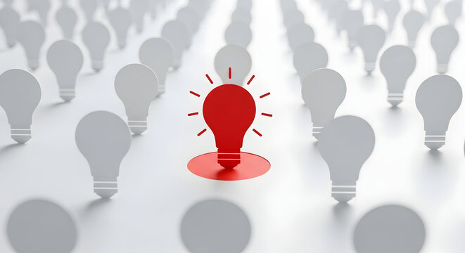 Dynamic red light bulb idea stands out from the crowd of white light bulbs, symbolizing innovation and creative thinking, perfect for business and marketing visuals - Powered by Adobe