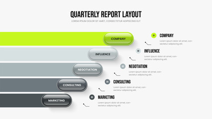 Fototapeta premium Company Campaign 5 Element Diagram Presentation Design. Financial Performance Five Option Infographic Frame Layout. Business Growth Slideshow Template Vector Illustration.