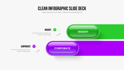 Sales Insight Slide Design Vector Illustration. Corporate Showcase 2 Step Infographic Frame Layout. Advertising Solution Two Option Diagram Slideshow Template.