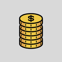 A stack of five gold coins with a dollar sign on top against a gray background illustration