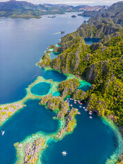 Barracuda Lake and Lagoons with boats. Coron, Palawan. Philippines.