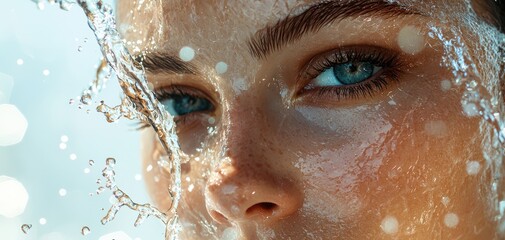 Refreshing splash of water on a beautiful woman's face showcasing clear skin and captivating blue eyes
