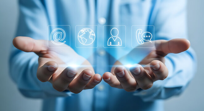 Person presenting digital communication icons, showcasing global connectivity and contact options.