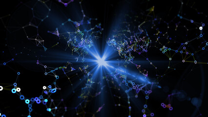 Abstract background with grid connecting array color circles in chaotic net. Big data. Banner for science, technology and computing.