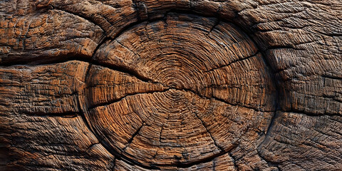 Fototapeta premium Detailed close-up of aged wood texture showcasing rich brown hues with deep grooves and circular patterns in the center, ideal for background use.