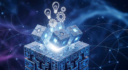 Dynamic 3D rendering of futuristic digital cubes with glowing lights and gears, symbolizing innovation, technology, and ideas in a modern design