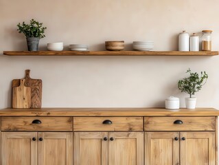 Rustic wooden kitchen island with open shelving, in a farmhouseinspired kitchen
