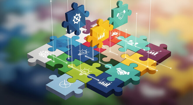 Collaborative business puzzle concept with connected pieces representing teamwork, innovation, and strategic solutions for success in a competitive market