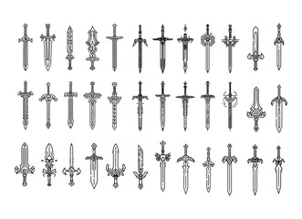 Set of Sword Icons in Black Silhouette Style for Medieval and Fantasy Designs on a white background