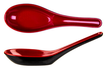 red melamine spoon, ramen spoon, asian soup spoon isolated on transparent background. png image