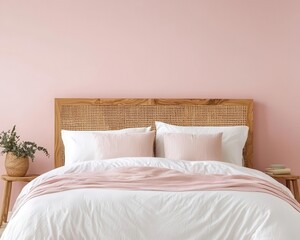 Intricate wooden headboard with geometric carvings, in a serene bedroom with muted pastel decor
