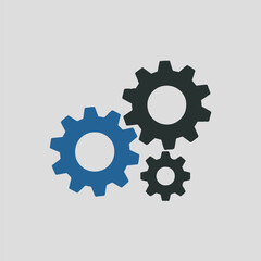 Three gears of different sizes and colors are interlocked on a gray background illustration