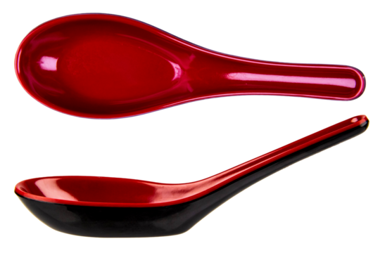 red melamine spoon, ramen spoon, asian soup spoon isolated on transparent background. png image
