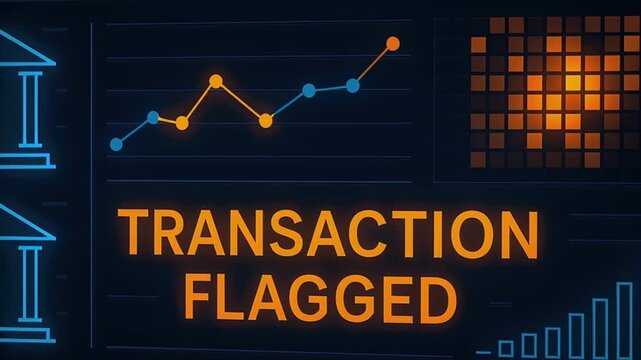 Transaction flagged alert on digital financial interface with graphs and bank icons showing suspicious activity monitoring and security for fraud detection in banking system