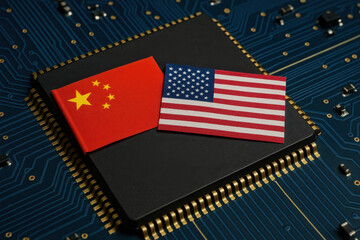 China and USA Flags on Microchip Symbolizing Tech Competition