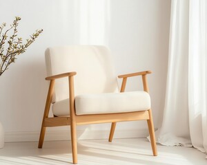 Scandinavianstyle wooden armchair with plush upholstery, set in a sunlit room with soft curtains