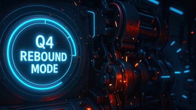 Q4 rebound mode glowing blue circular interface sparks flying mechanical parts gears dark industrial setting futuristic technology concept vibrant lighting dynamic motion effects