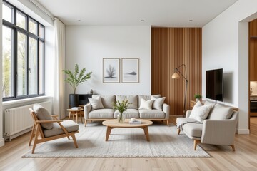 modern scandinavian fusion mixes geometric modern furniture with light wood and soft fabrics to create balanced interiors that emphasize light airy simplicity and cozy functionality.