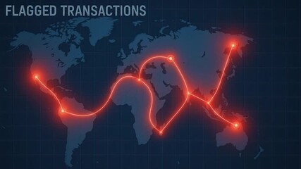 Flagged transactions glowing red path connecting points on dark world map illustrating suspicious financial activity and global financial network monitoring