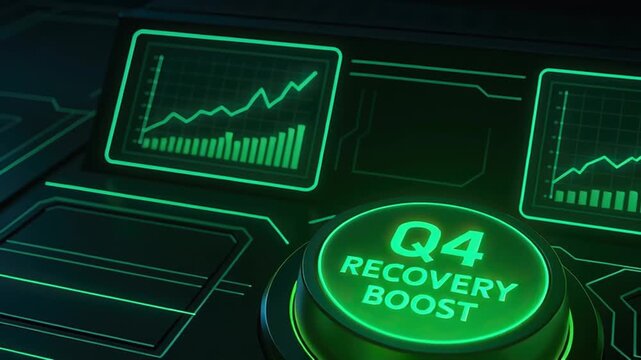 Q4 recovery boost button with futuristic digital interface and glowing green light featuring rising financial graph and economy growth symbolizing advanced technology success