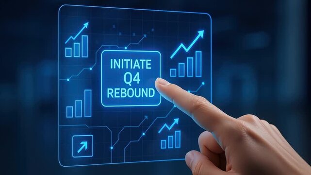 Initiate Q4 rebound concept with finger pointing on futuristic digital interface displaying upward financial chart and business growth on glowing digital screen for strategic success