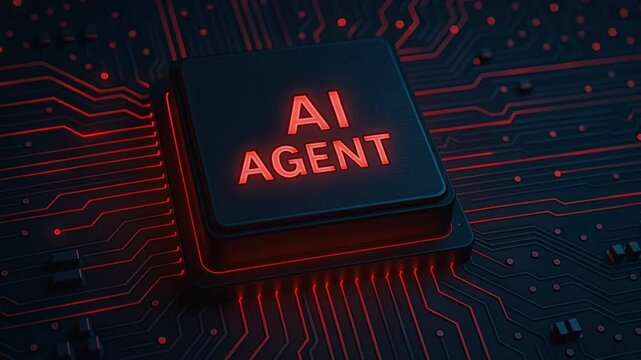 AI agent concept glowing red text black microchip futuristic technology background circuit board digital connections high tech innovation artificial intelligence digital glowing red light circuit
