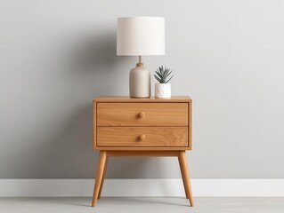 Midcentury wooden side table with tapered legs, paired with a chic reading lamp