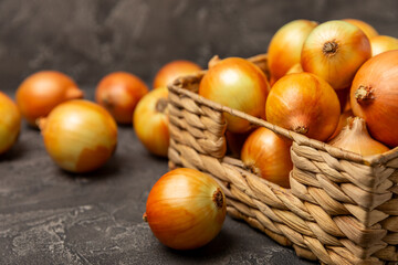 Onion on the kitchen table. onion slice. onion rings. Fresh Yellow Onion. Natural, fresh, vegetarian food. Agricultural products. Healthy eating. Vegetables. Farmer's market. Space for text.Copy space