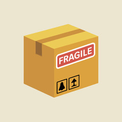 Isometric view of a brown cardboard box sealed with tape and labeled fragile on a light background