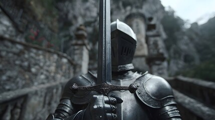 A medieval warrior in full plate armor, holding a long sword.