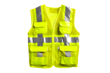 Bright yellow reflective safety vest with silver stripes and multiple pockets, designed for high visibility and workplace protection, isolated on white background
