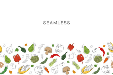 Vector illustration of vegetables, hand-drawn, seamless pattern. Pepper, cucumber, tomato, cabbage, corn, garlic. Can be used for textiles, packaging design, etc.