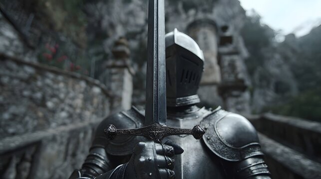 A medieval warrior in full plate armor, holding a long sword.