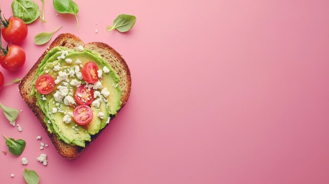 Heart-shaped avocado toast topped with cherry tomatoes and crumbled feta cheese on a pink background with fresh basil leaves and scattered ingredients