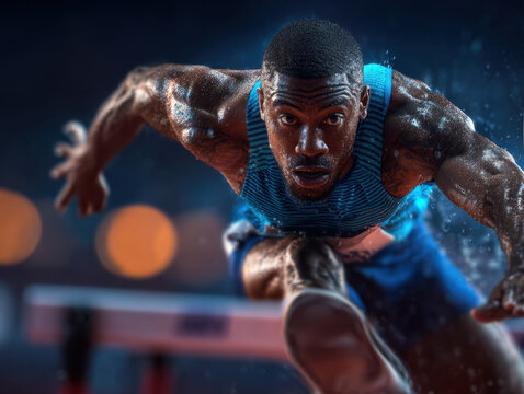 Photorealistic male hurdler mid-air over hurdle with extended stride and focused face. Concept of summer sport, strength, timing, agility, and elite track performance.
