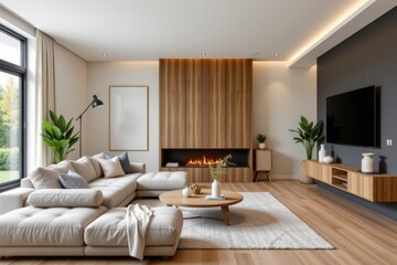 Fototapeta premium combining modern and scandinavian design results in clean simple interiors with warm natural textures and soft neutral tones creating inviting and balanced living environments.