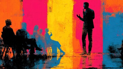 Silhouettes of people in a vibrant conference room; a speaker addresses a group