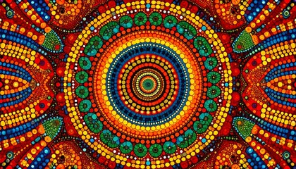 Fototapeta premium Symmetrical circular pattern of colorful dots in warm tones