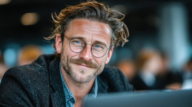 Close-up of a man with a warm smile, round glasses, and tousled hair