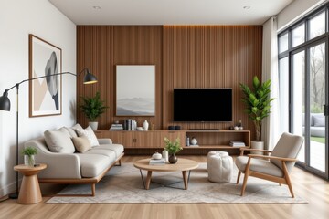 Fototapeta premium the fusion of modern and scandinavian styles emphasizes functional elegant furniture with warm natural materials and neutral tones producing comfortable and visually appealing living spaces.