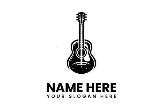 Stylized acoustic guitar illustration with bold black and white contrast.