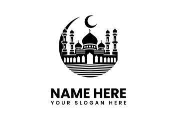 Stylized Mosque Silhouette with Crescent Moon and Geometric Base Design.