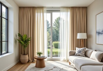 Fototapeta premium using lightweight fabrics in modern curtains allows natural light to filter softly creating bright airy rooms that feel open and uncluttered while maintaining privacy and subtle texture.