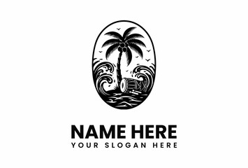Black and white logo depicting a palm tree on a beach with waves and a barrel, enclosed in an oval shape.