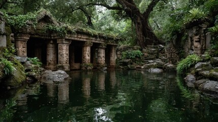Ruined stone structure by a pool, lush jungle