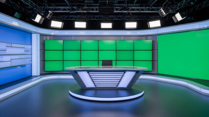 Professional empty television studio set with a sleek news desk, vast green screens, and advanced monitors, prepared for high-tech virtual production and broadcast.