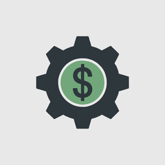 A gear with a dollar sign in the center on a white background illustrating finance concept