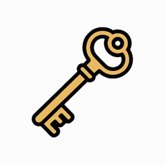 Illustration of a golden key with black outline against a plain white background design element icon